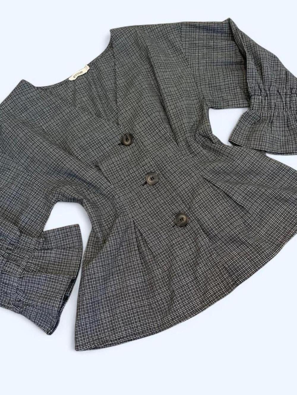 Pleated plaid button up blouse with ruffled 3/4 sleeves